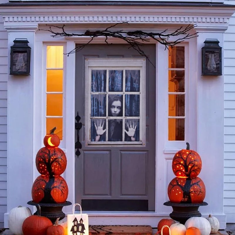 DPWCVM Ghost Halloween Decor - White Eyes Window Silhouette Curtains for Door, Wall - Scary Indoor/Outdoor Decor (Horror Nun) - Image 5